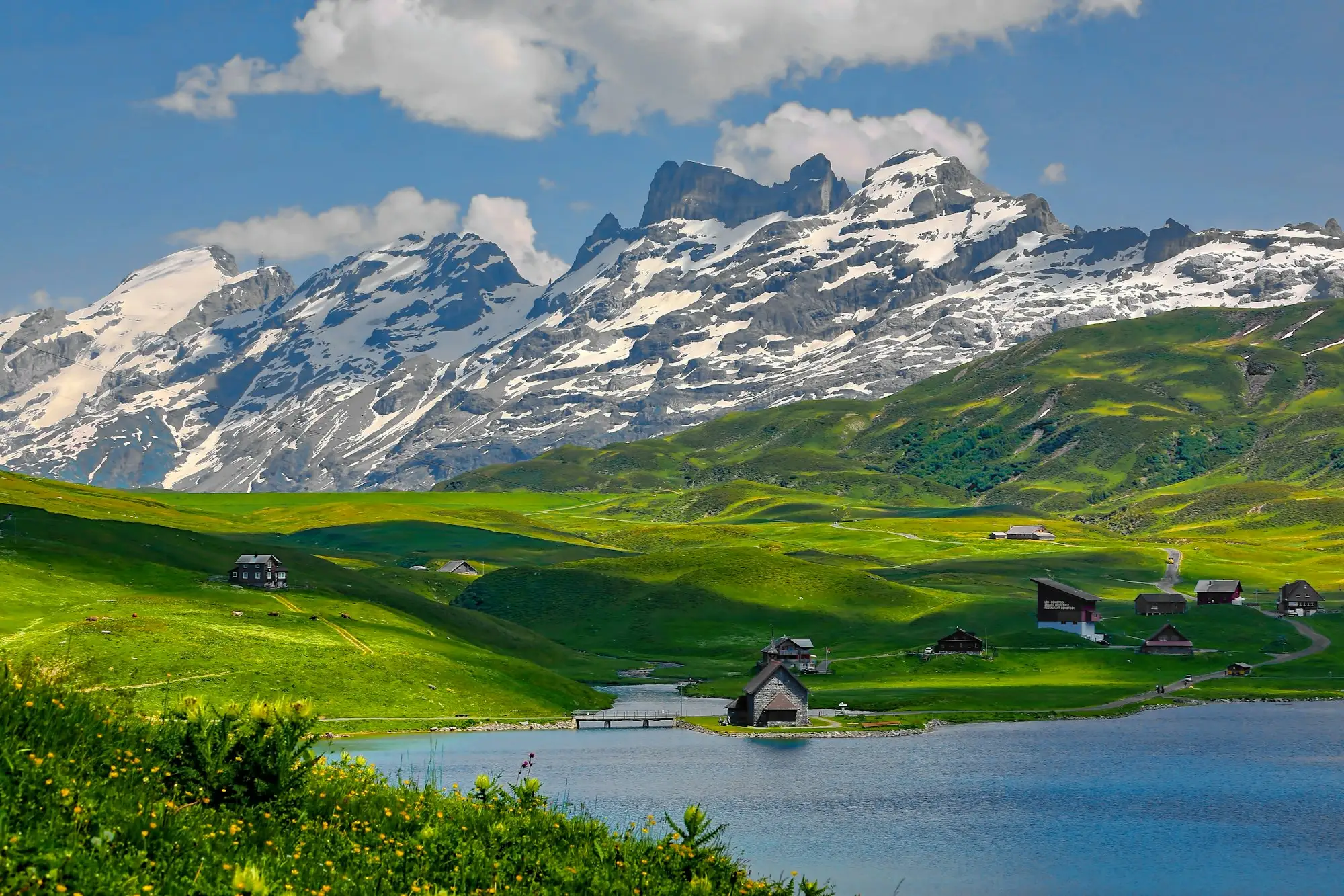 Mountain lake in front of the snow-capped Swiss Alps